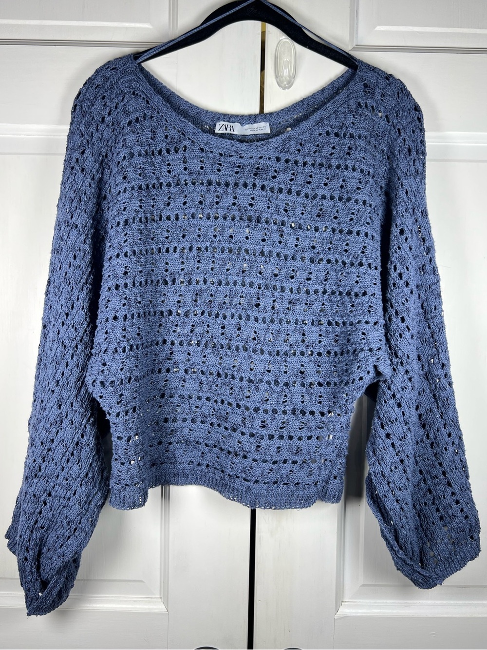 Zara Cropped, batwing/dolman long sleeves, open-knit stitch Slate Blue Size M